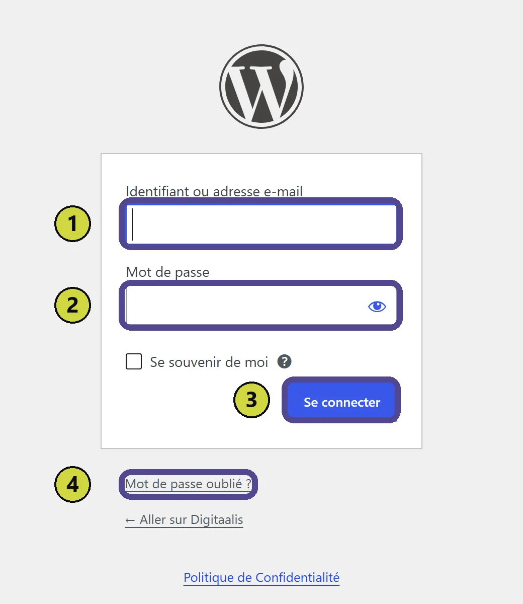 Page de connexion de l'administration WordPress