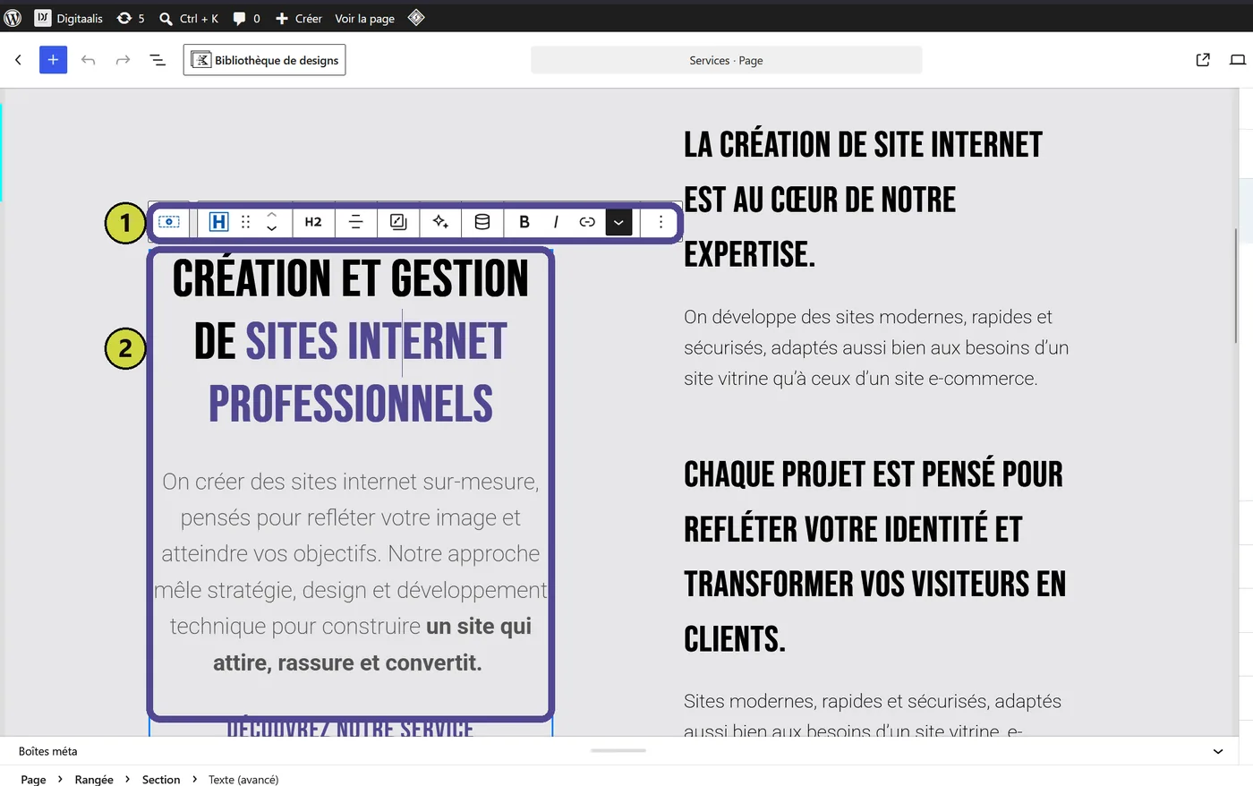 L'éditeur d'une page, un bloc de texte sélectionné