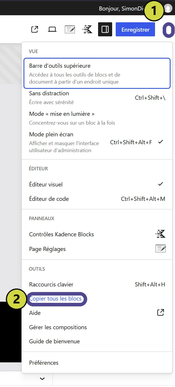 Le menu Options de l'éditeur avec Copier tous les blocs