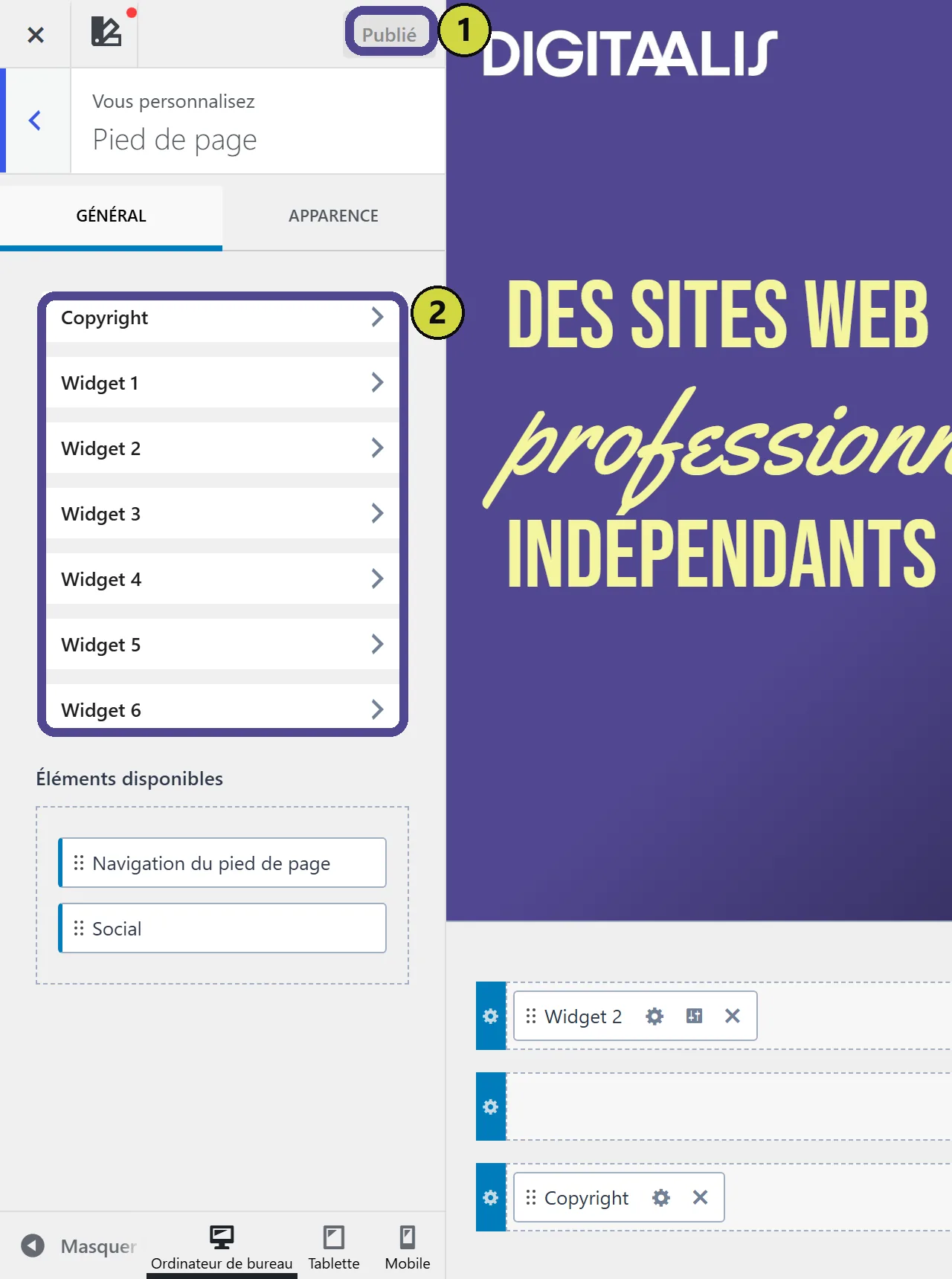 L'outil Personnaliser, section Pied de page