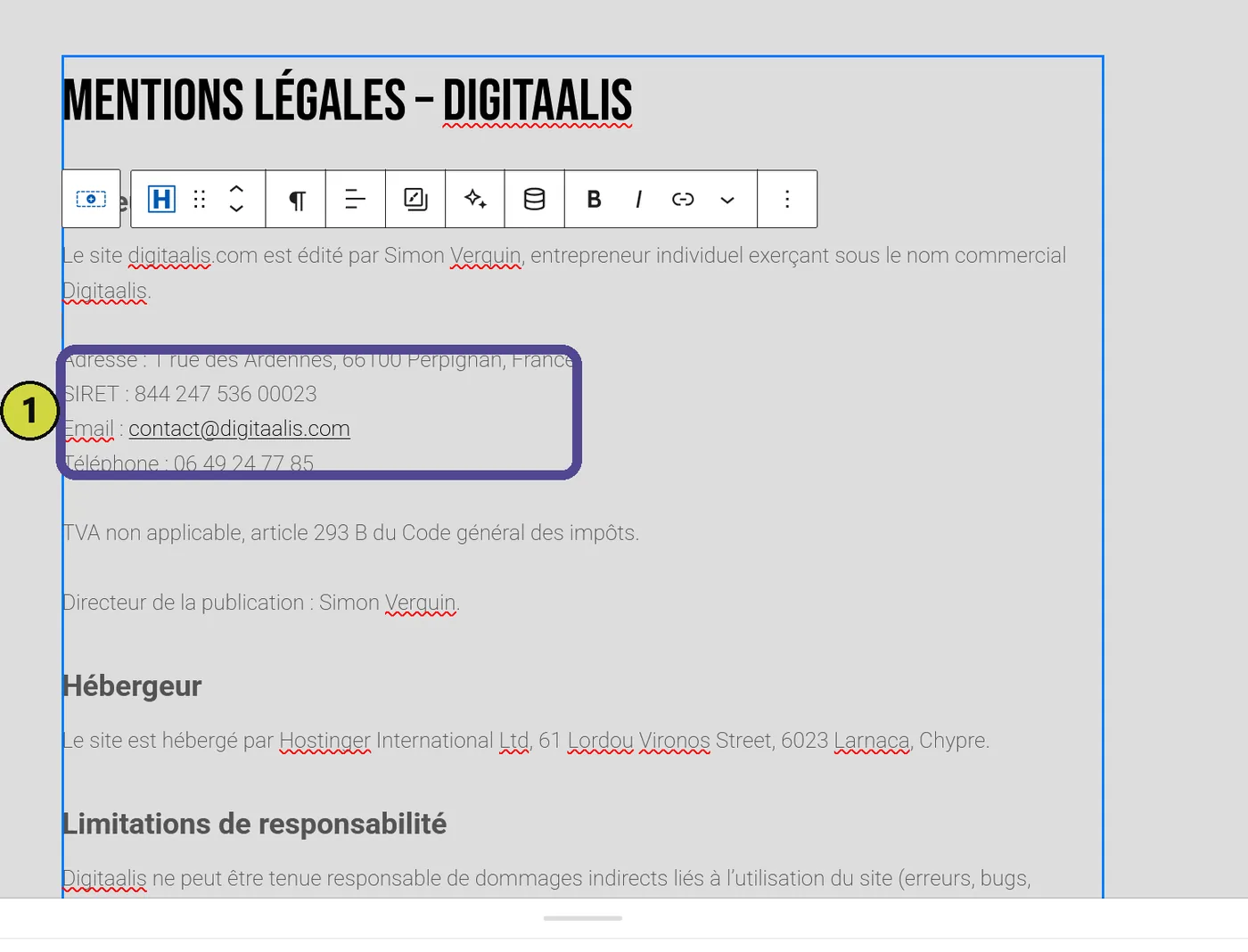 La page Mentions légales dans l'éditeur