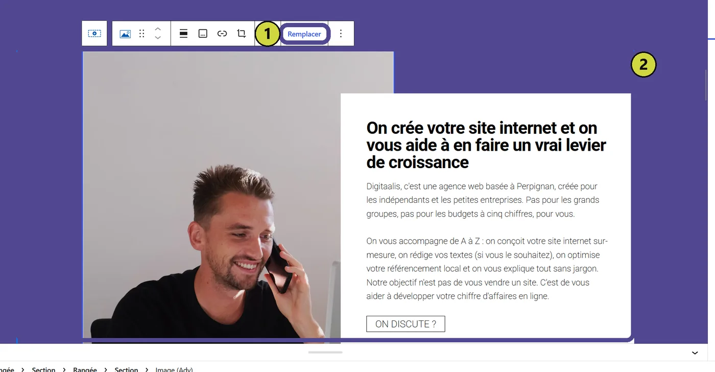 Une image sélectionnée dans l'éditeur, avec sa barre flottante