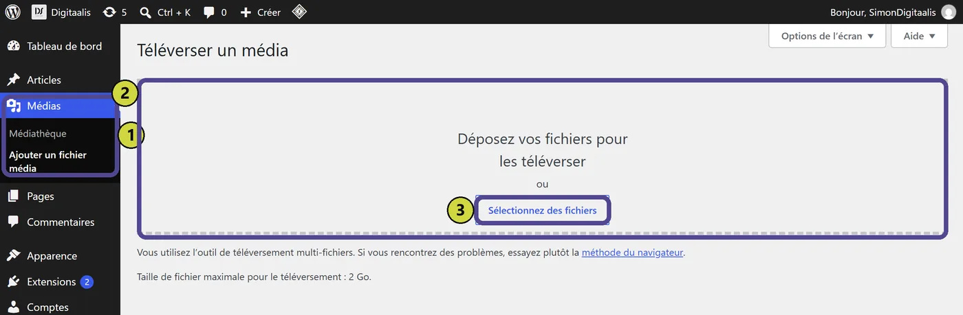 Médias → Ajouter : la zone de dépôt des fichiers