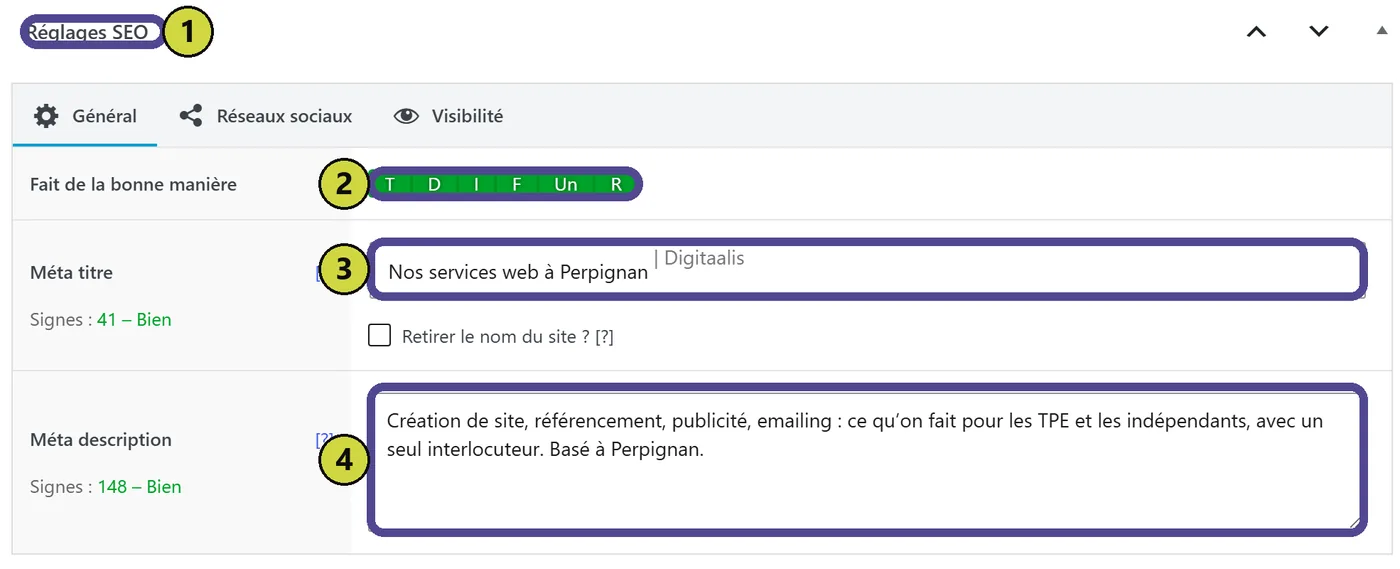 Le cadre Réglages SEO sous le contenu de la page