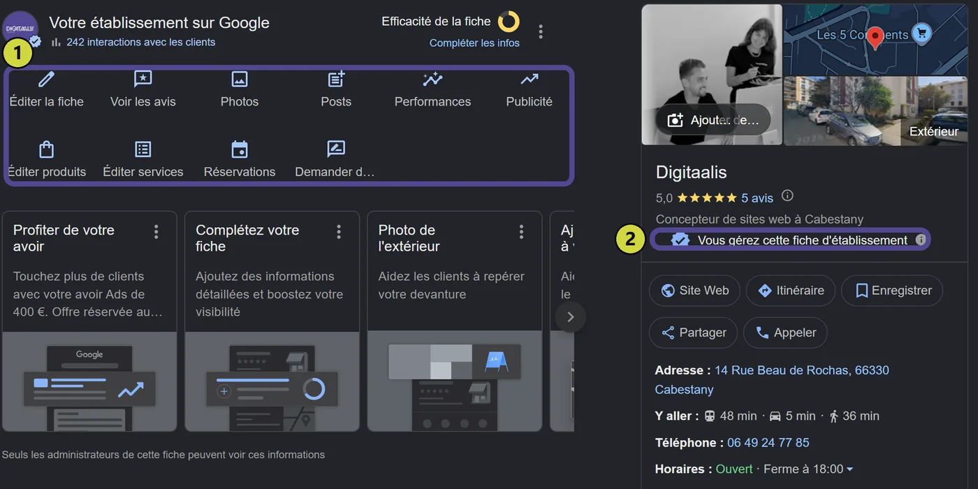 La fiche d'établissement vue par son propriétaire dans Google