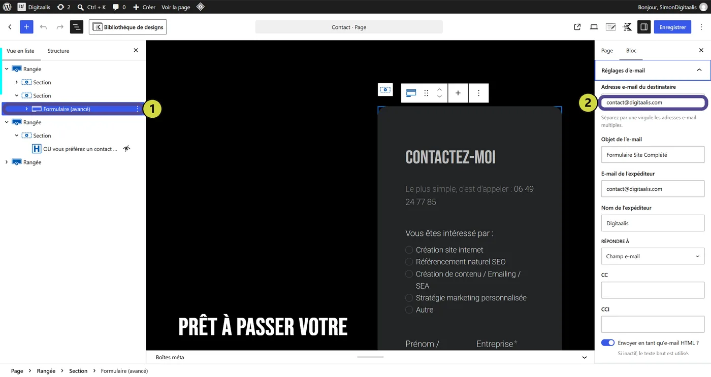 Le formulaire sélectionné dans l'éditeur, réglages Email dans la colonne de droite