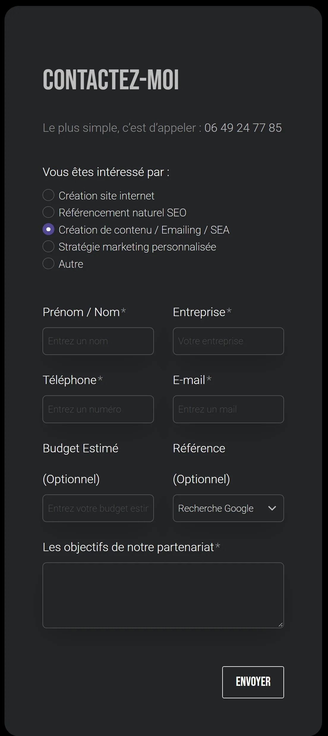 Le formulaire de contact tel que le voit un visiteur